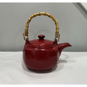 Southern Living Red Teapot with Bamboo Handle Cottage Core Country